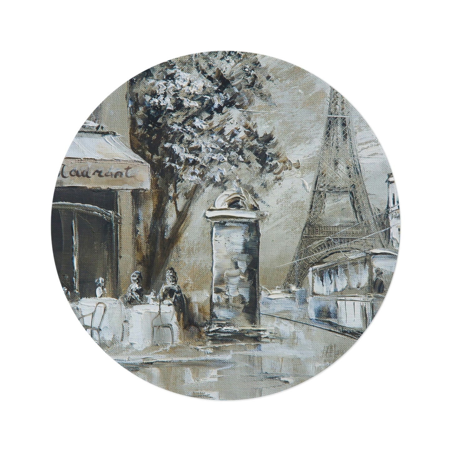 Cafe in Paris Round Chenille Round Rug - 60 Inch Eiffel Tower Floor Mat - French Oil Painting Print